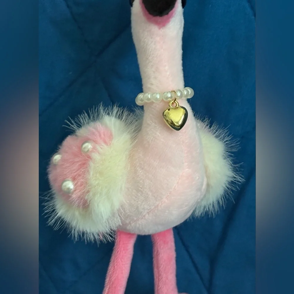 Natasha Couture Fluffy Pink Flamingo Faux Pearl Necklace Handbag Charm Key Chain